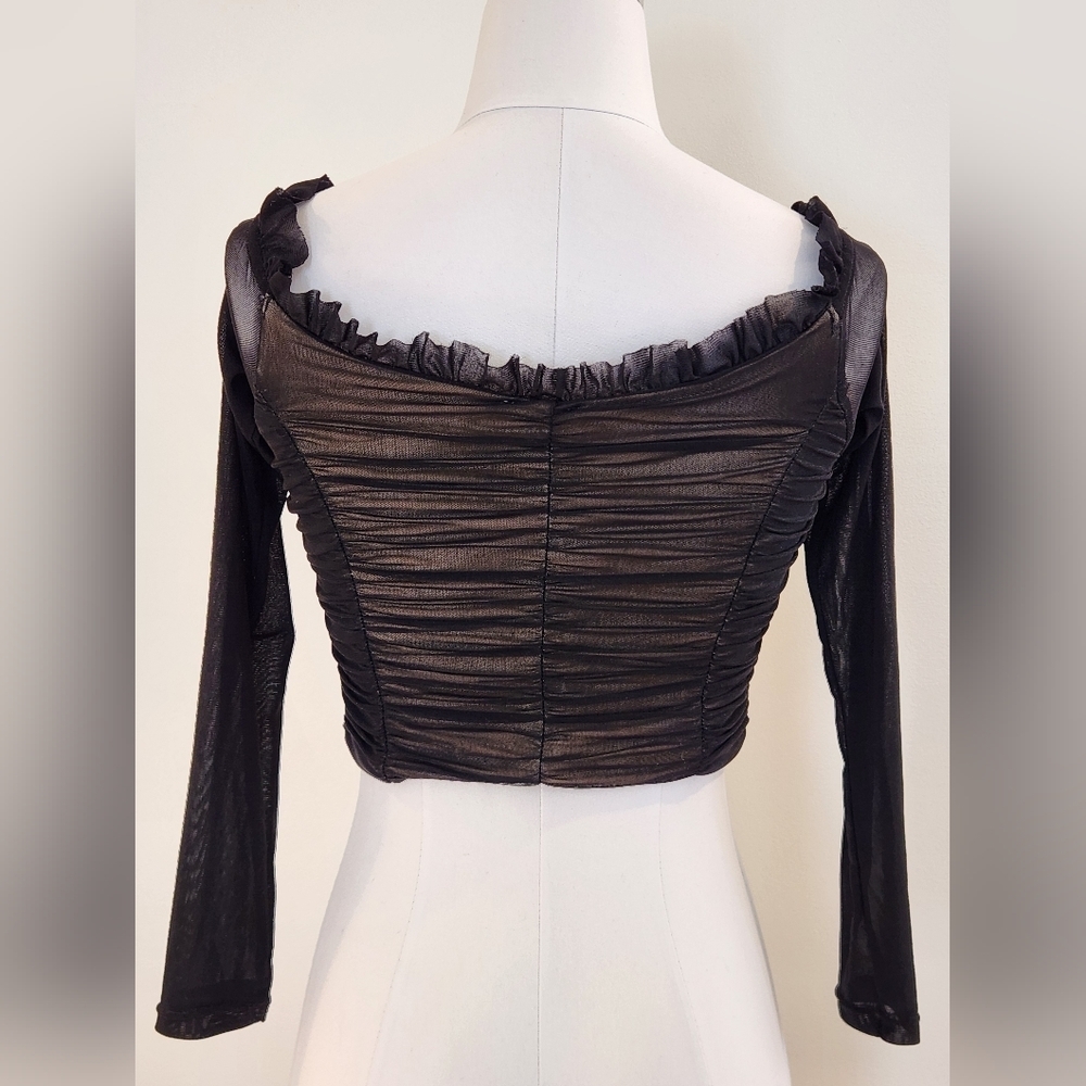 || LUXXEL || Black mesh crop top, lined, v neck, long sleeved, sz small - Picture 3 of 7